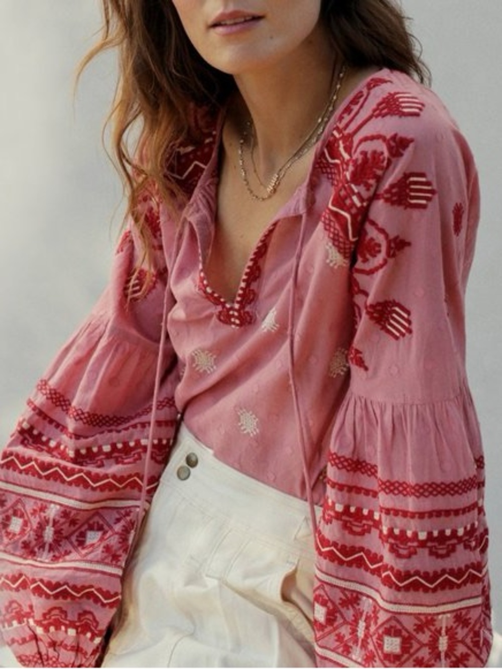 Anthropologie Rose-Pink Tunic with Red Embroidery